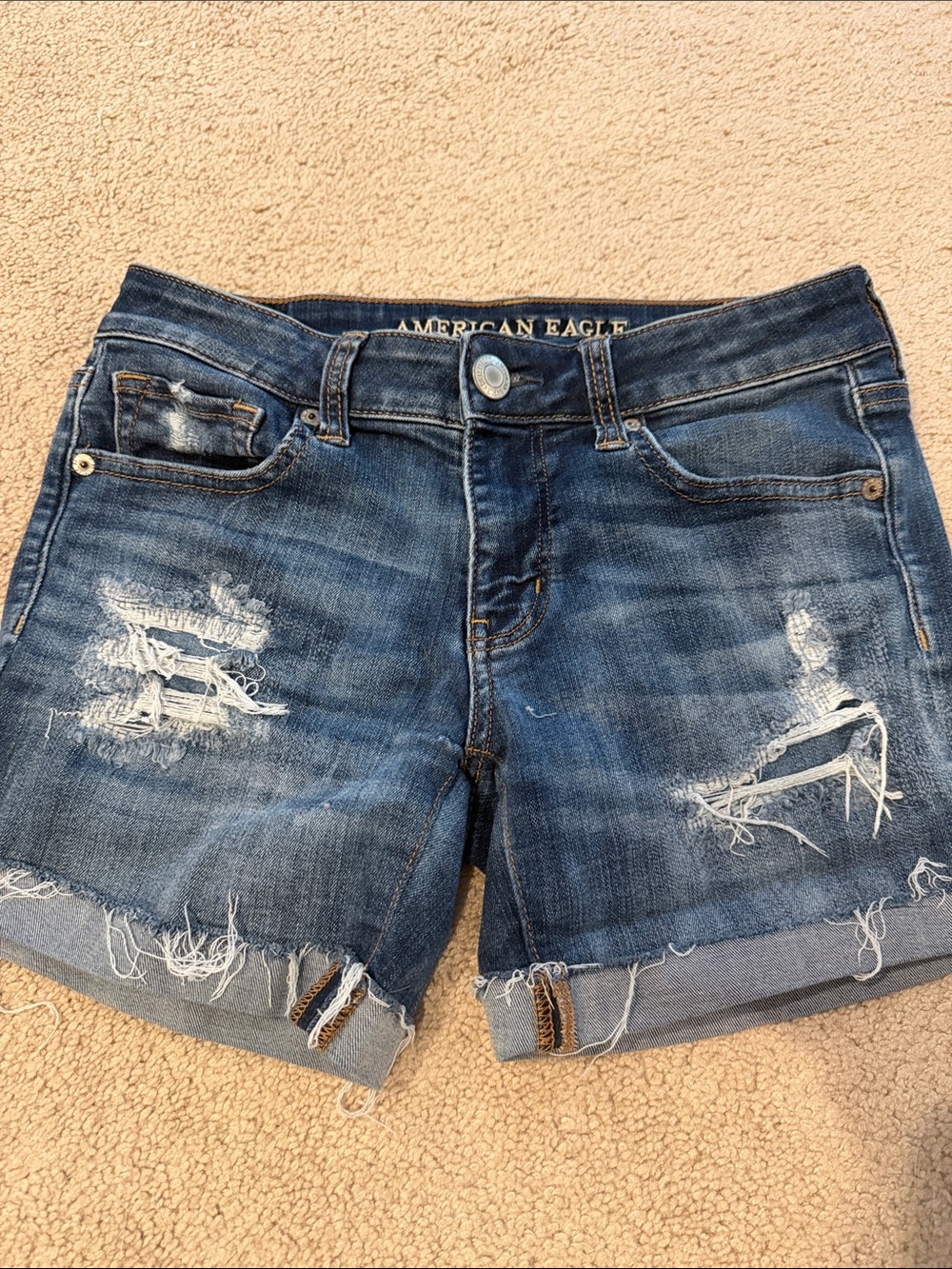 American Eagle Outfitters Women's Distressed Dark Blue Denim Shorts